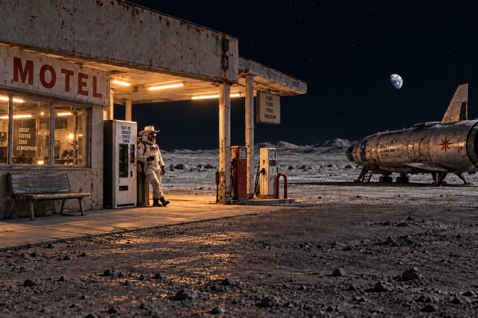 A space cowboy takes a coffee break at a lunar motel beside his parked rocket. The window reads “Great coffee. Zero atmosphere.” A sign offers free vacuum. The vending machine has been out of order since 1969.